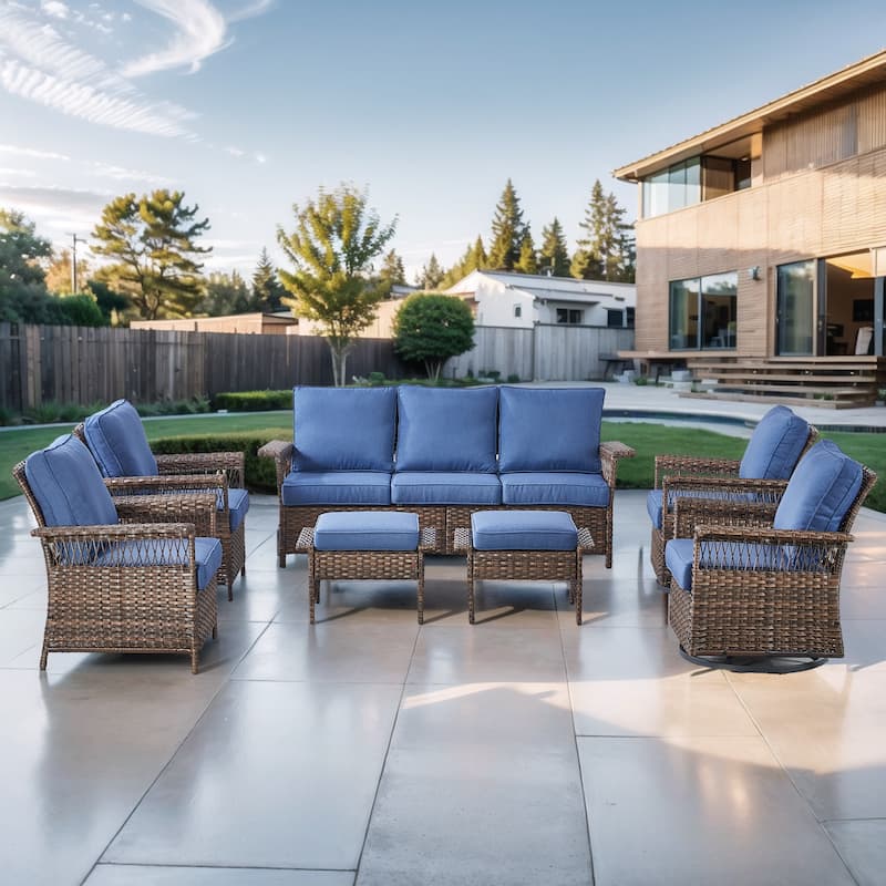 Pocassy Outdoor Swivel Chairs with Sofa Chair Ottoman and Table Set - Brown Wicker Blue Cushion - 5-Piece Sofa Swivel Chair Ottoman w/ Patio Chair