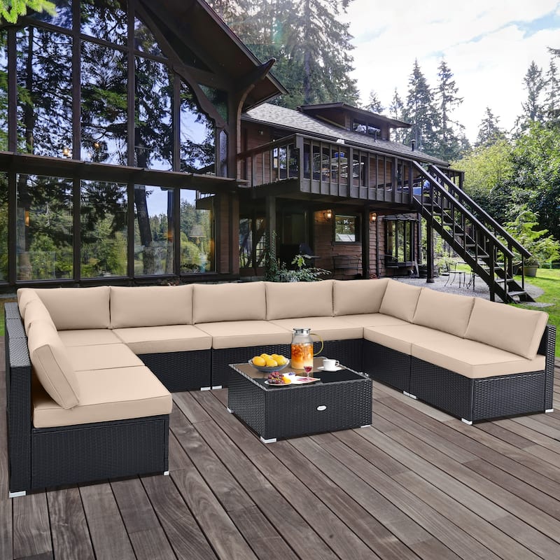 10 Piece Outdoor Wicker Conversation Set with Seat and Back Cushions - 29" x 25" x 25"