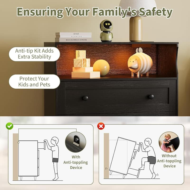 3 Drawer Dresser for Bedroom with Charging Station & LED Lights