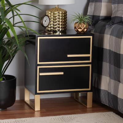 Baxton Studio Giolla Contemporary Glam and Luxe Black Finished Wood and Gold Metal 2-Drawer End Table