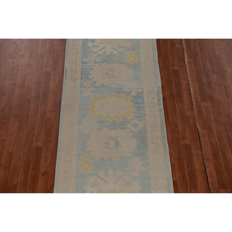 Hand Knotted Oriental 100% Wool Carpet Transitional Floral Navy Blue & Blues Oushak Runner Rug - 13' 6'' X 3' 4''