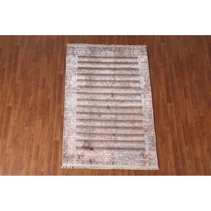Striped Abstract Accent Rug Handmade Wool Carpet - 4'0"x 5'10"