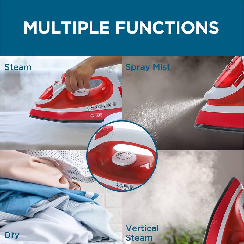Steam Iron, 1200 Watts Steamer for Clothes, Self-Cleaning Portable Iron, Red