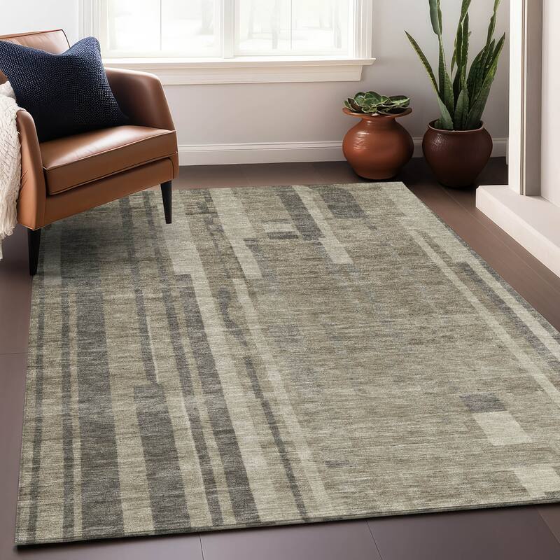 Machine Washable Indoor/ Outdoor Modern Stripes Chantille Rug - Taupe - 3' x 5'
