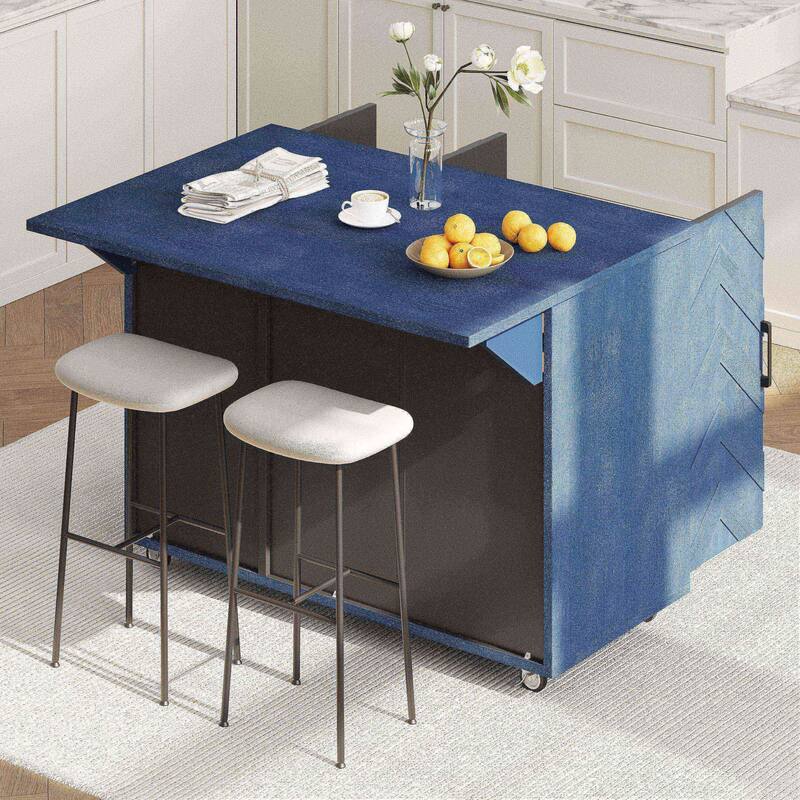 Rolling Kitchen Island with Drop Leaf, Ash Veneer Handwoven Doors, Internal Storage Rack, and Wheels - 51.2" Coastal Design