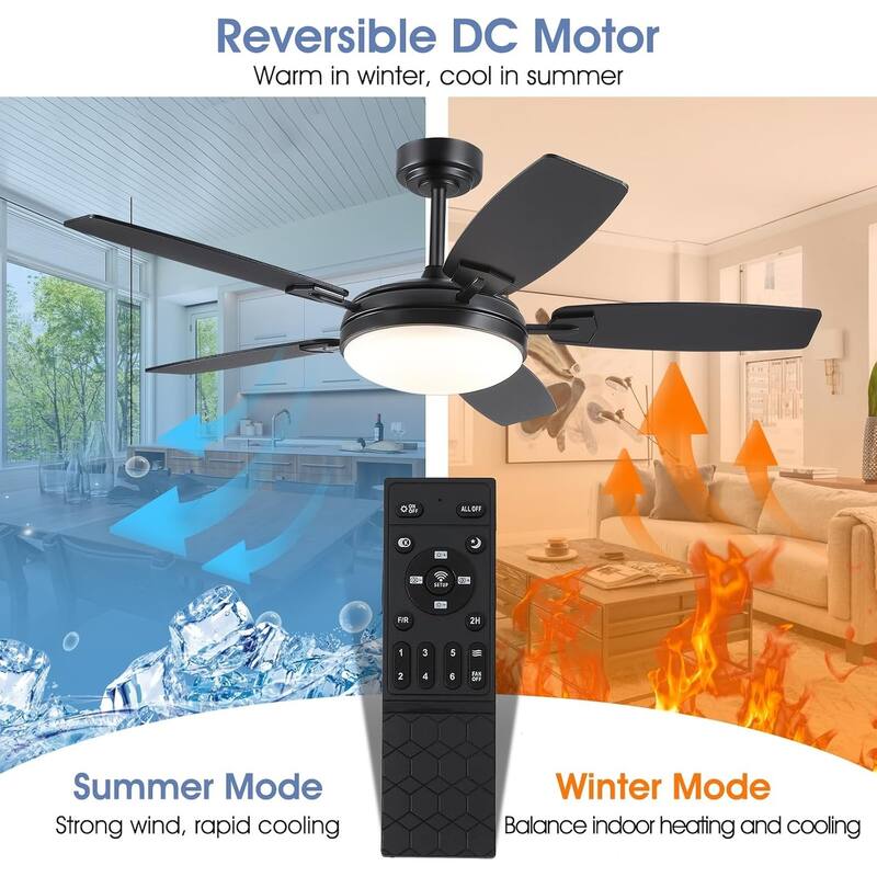 52" Modern Ceiling Fan with Light and Remote 5 Plywood Blades 3 Color LED for Bedroom Living Room Patio - 52 Inches