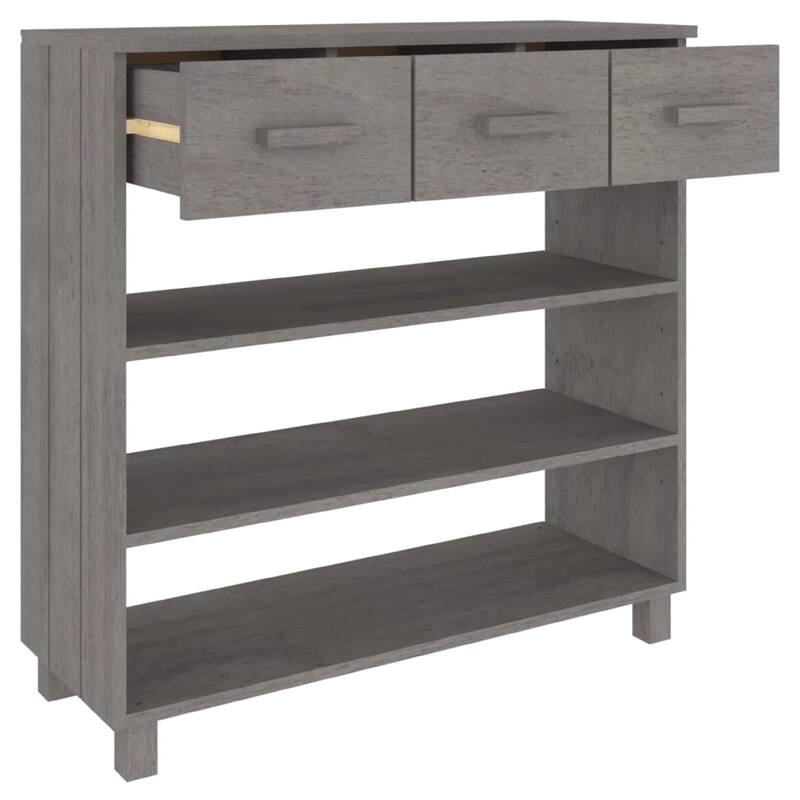 Boir Sofa Console Table, 3 Shelves, 3 Drawers, 35 Inch, Light Gray Wood