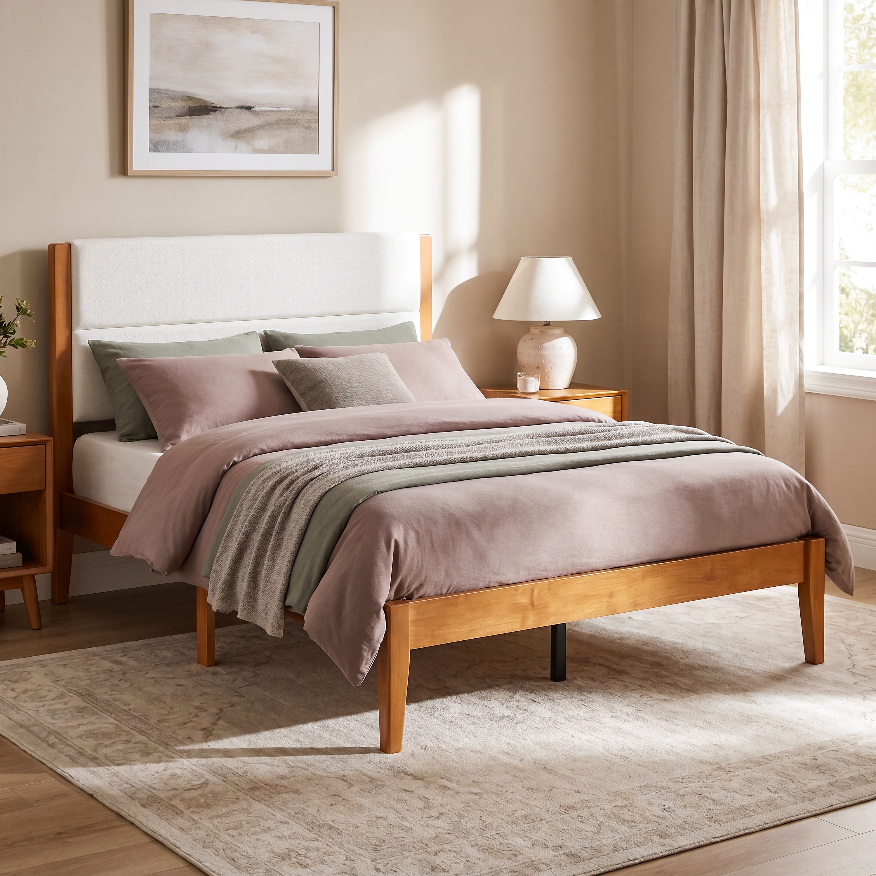 Mid Century Modern Full/Queen/King Size Platform Bed Frame with Upholstered Headboard