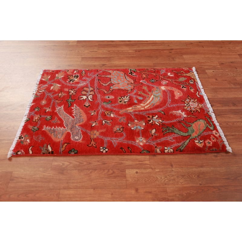 Animals Design Red Kazak Oriental Accent Rug Hand-Knotted Wool Carpet - 2'0" x 3'0"