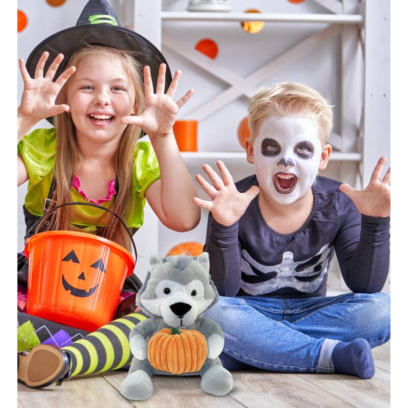 DolliBu Super Soft Wolf Stuffed Animal with Pumpkin Decor Plush - 6 inches