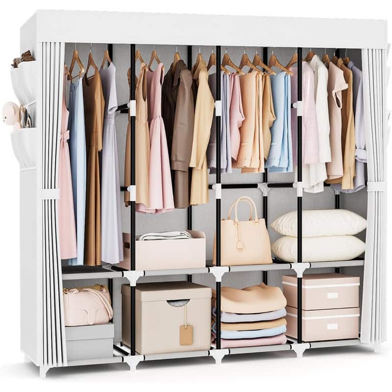 Portable Hanging Closet 67 Inches Wide, 4 Storage Shelves and 4 Hanging Rods for Bedroom Closets - White