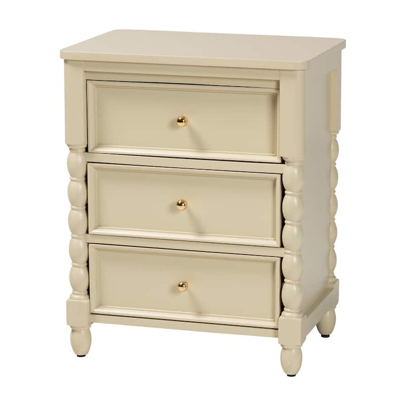 Kyla Nightstand with Spindle Legs - 3-Drawer Bedside Table with Turned Detailing and Inset Paneling - Beige