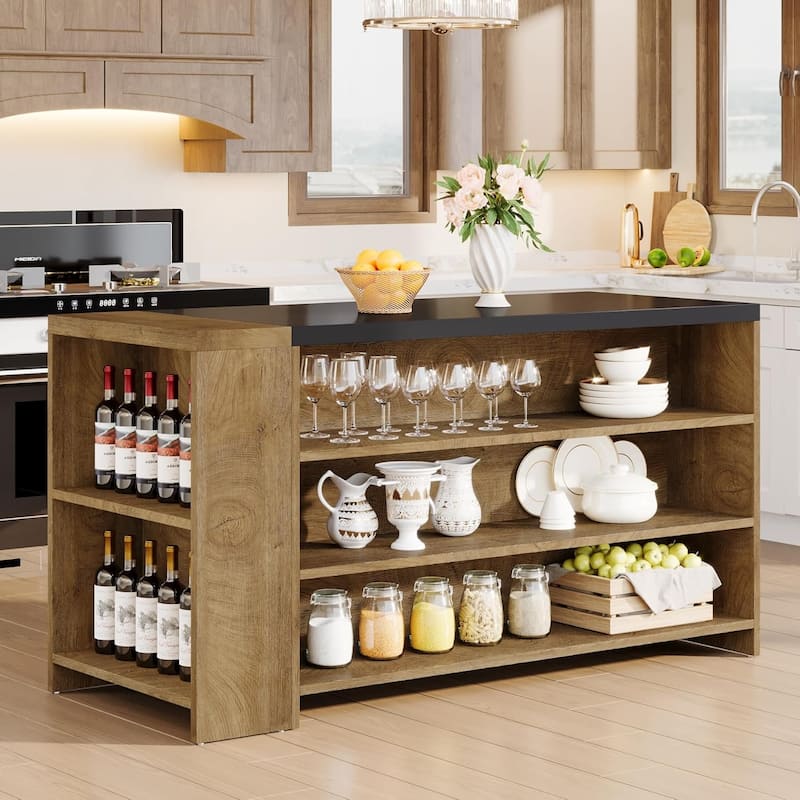 55 Inches Farmhouse Kitchen Island with Storage for Kitchen, Dining Room - Vintage Brown
