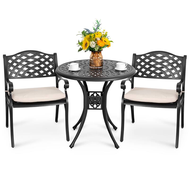 Outdoor 2-Person Cast Aluminum Bistro Set with Olefin Cushions