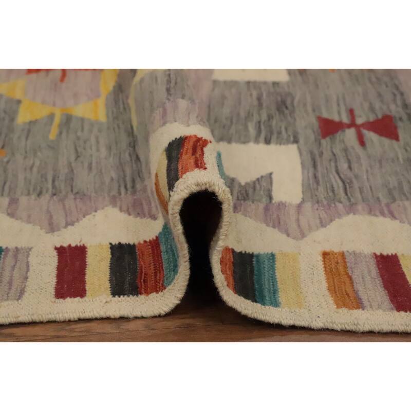 Hand Woven Oriental 100% Wool Carpet Southwestern Tribal Greys & Charcoal Kilim Area Rug - 7' 10'' X 4' 10''