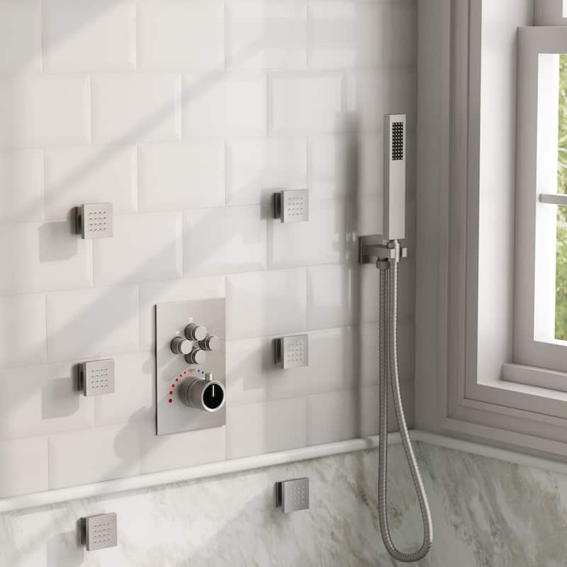 GRANDJOY Thermostatic Shower System Rainfall Dual Shower Heads 12 inch Ceiling and Wall Mount Body Jets Handheld Spray Combo