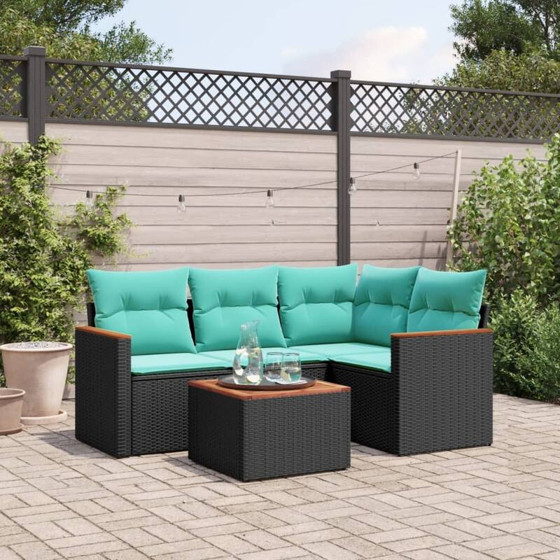 vidaXL 5 Piece Patio Sofa Set with Cushions Black Poly Rattan - 24.4 x 24.4 x 27.2