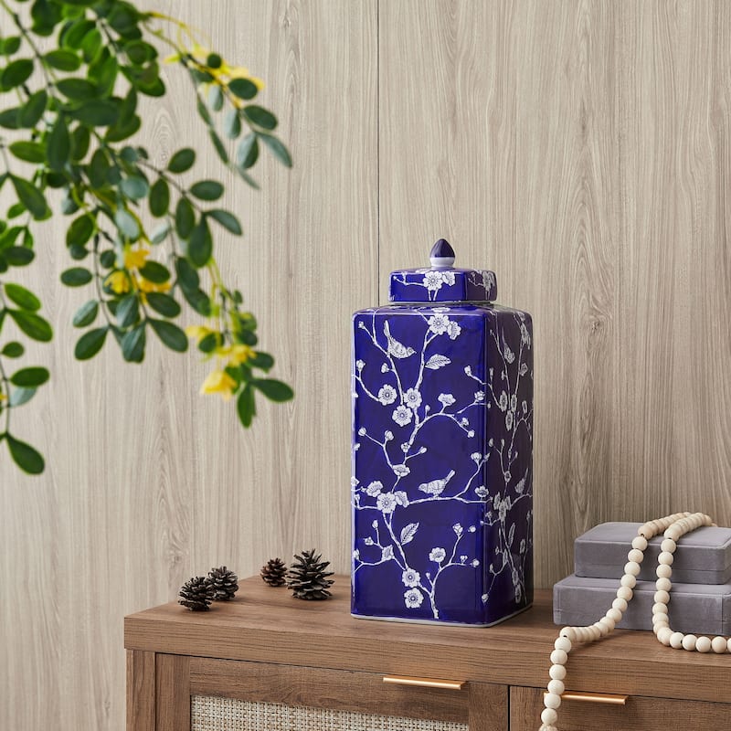 Blue & White Handmade Ceramic Ginger Jar with Lid