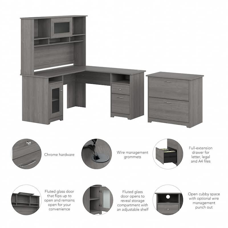 Cabot 60W L-Shaped Desk with Hutch and File Cabinet by Bush Furniture