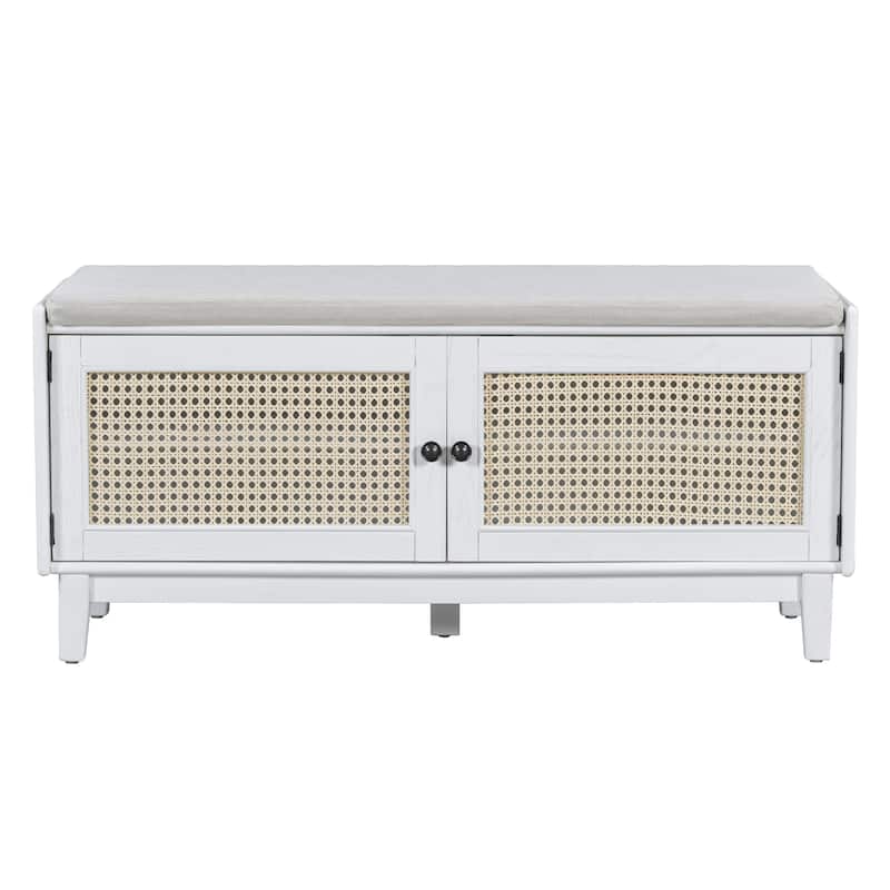 Rattan Entryway Bench with Storage, Cushioned Shoe Bench with Double Doors, Wooden Shoe Organizer Bench for Entryway