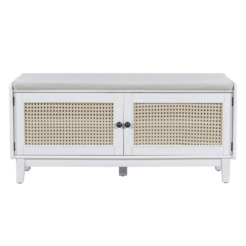 Roomfitters Entryway Storage Bench, Boho Rattan Cabinet, Hallway Organizer Seat with Cushion