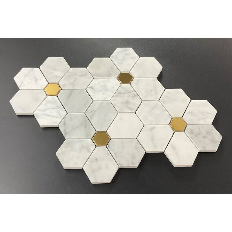 Flower Pattern Marble & Golde Metal Mosaic Tiles