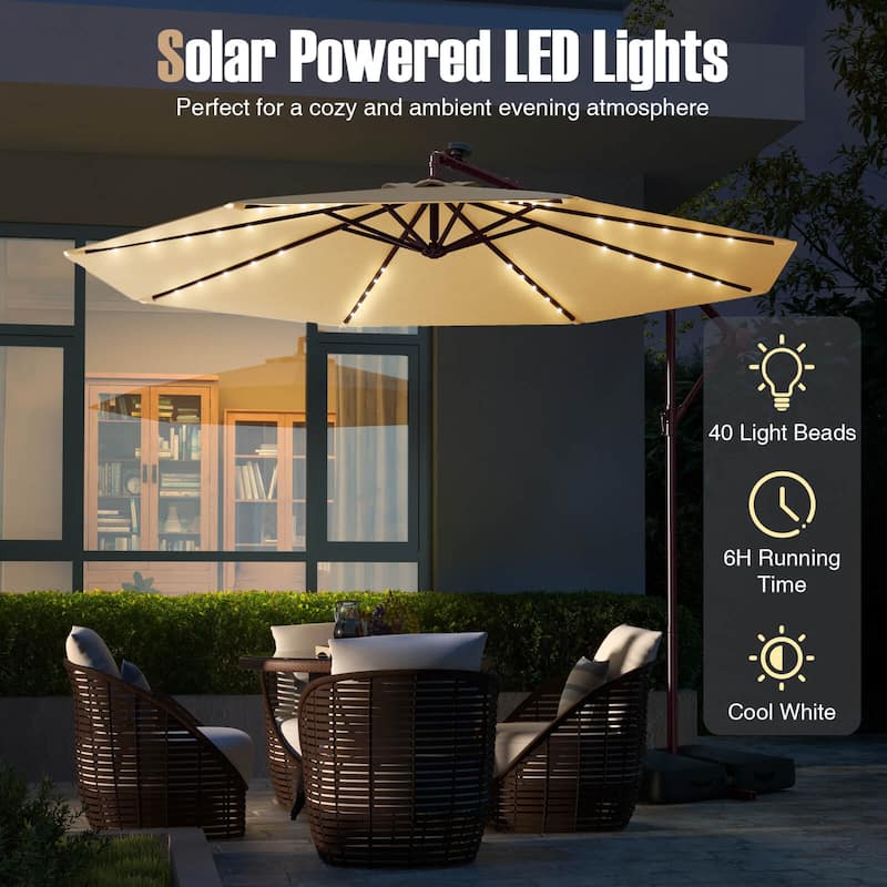 Costway Patio 10FT Hanging Offset Umbrella 32 LED Lights Sand Bag