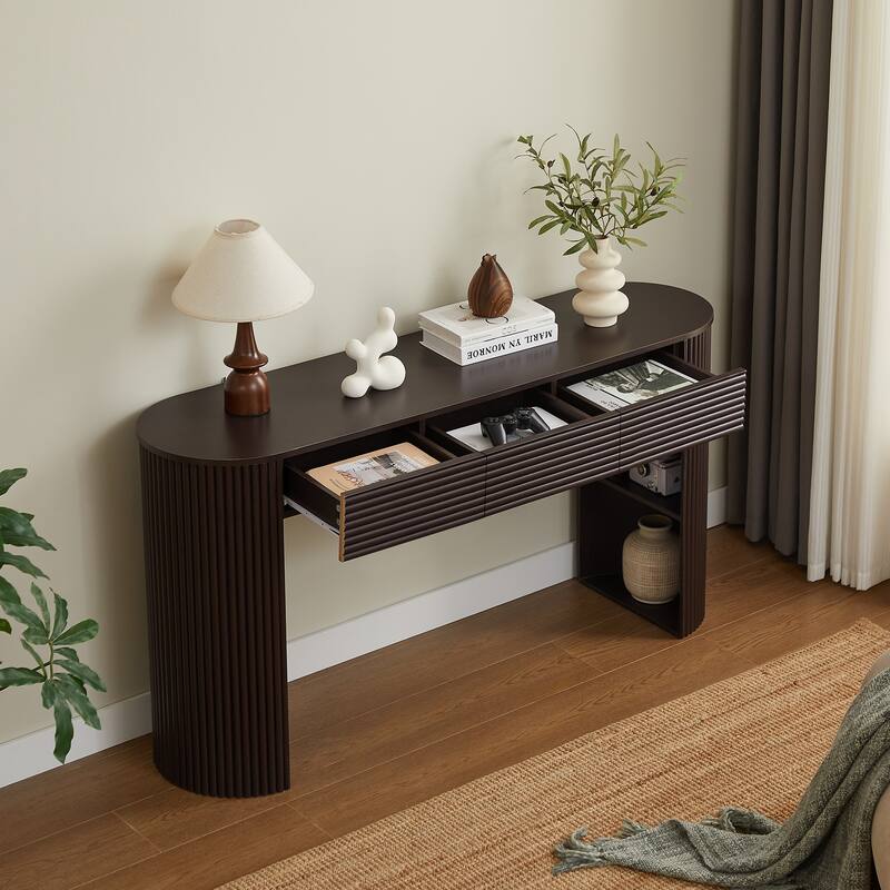 Retro Console Table with Storage, 3 Drawers, 1 Table-Leg Niche, Round Slat Aesthetic, Entryway, Living Room & Hallway