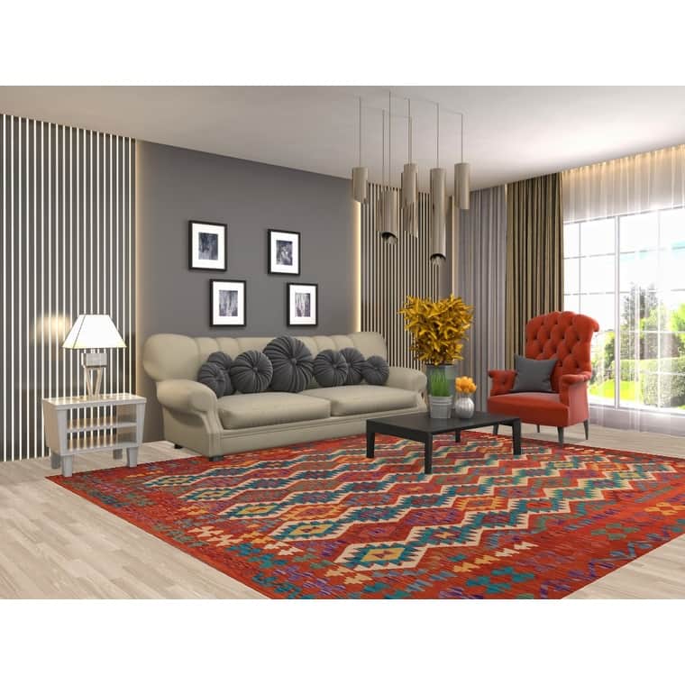 Geometric Kilim Oriental Area Rug Flatweave Reversible Wool Carpet - 8'4" x 9'10"