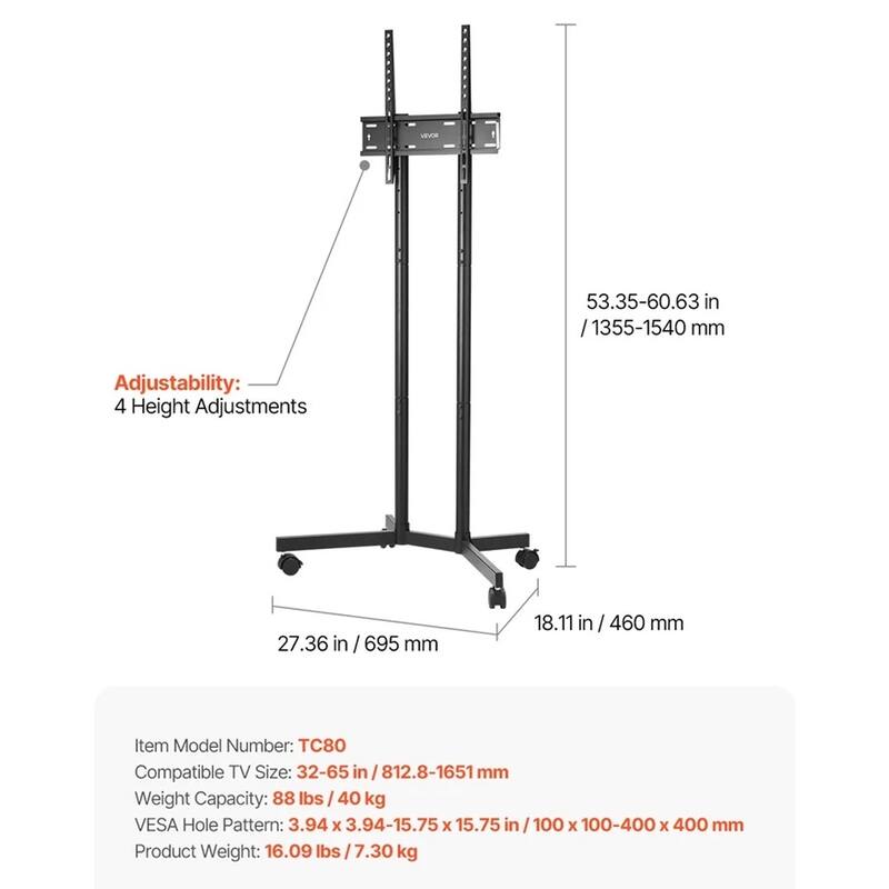Rolling TV Stand Mobile TV Cart Holds Up to 88 lbs for 32-65 Inch - 52 inches