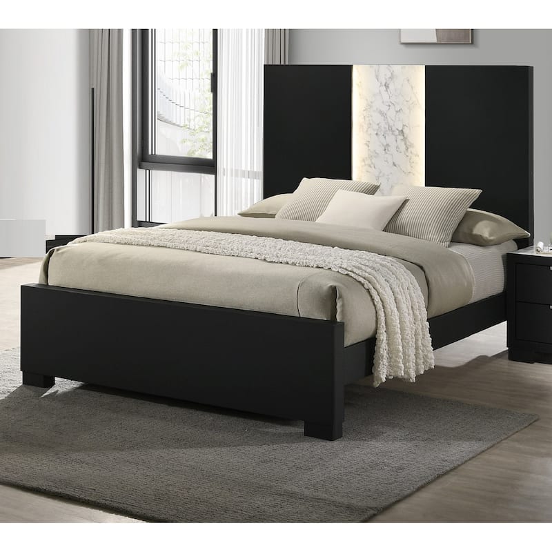 Contemporary Queen Panel LED Light Headboard Bed 1pc Black White Finish Wooden Bedroom Furniture
