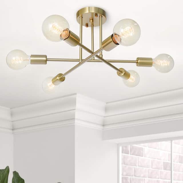 6 - Light Modern Metal 23.62'' Sputnik Semi-Flush Mount Ceiling Light - Light Brass