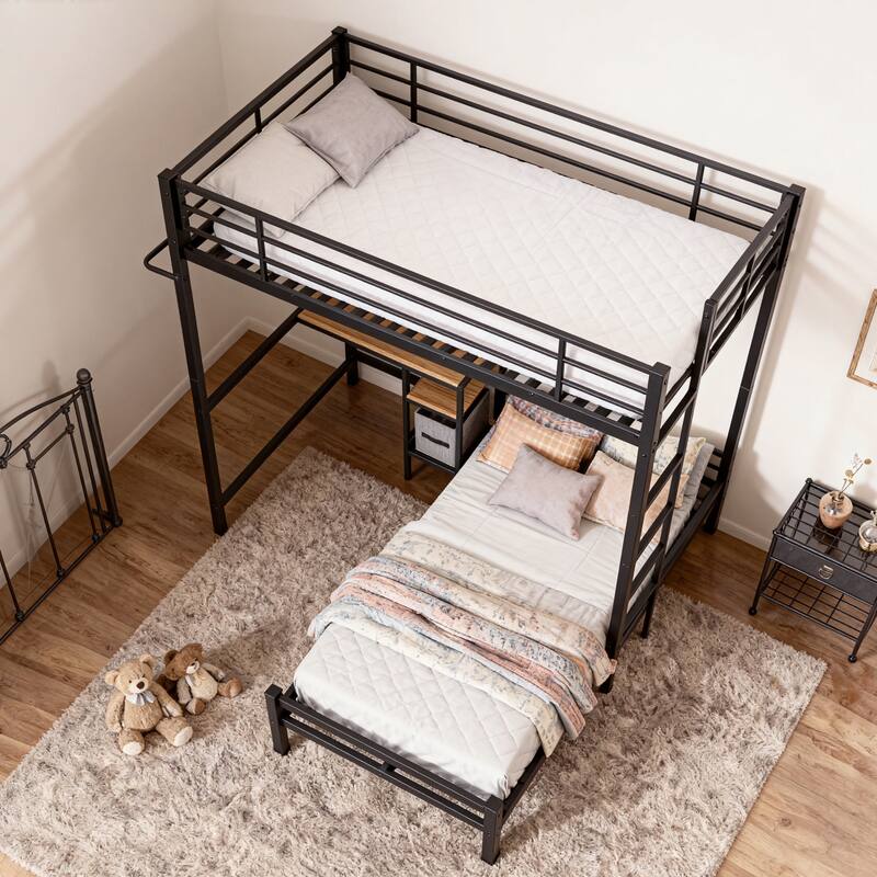 L-Shaped Twin Over Twin Bunk Bed with Desk, Storage Shelves & Safety Guardrail - Space Saving Metal Loft Bed for Teens & Adults