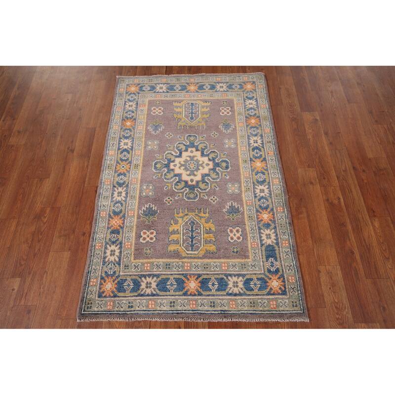 Traditional Kazak Oriental Foyer Rug Handmade Grey Wool Carpet - 2'8" x 4'2"