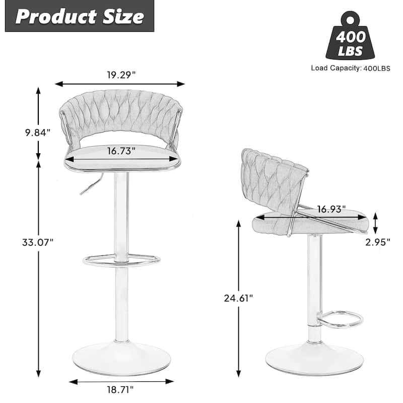 2/4 Set Velvet Adjustable Counter Stools Swivel Bar Stools With Backs - 24"-33"