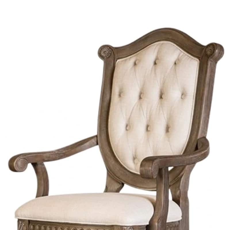 Hama Dining Armchair Set of 2, Weathered Oak Wood, Tufted Beige Fabric