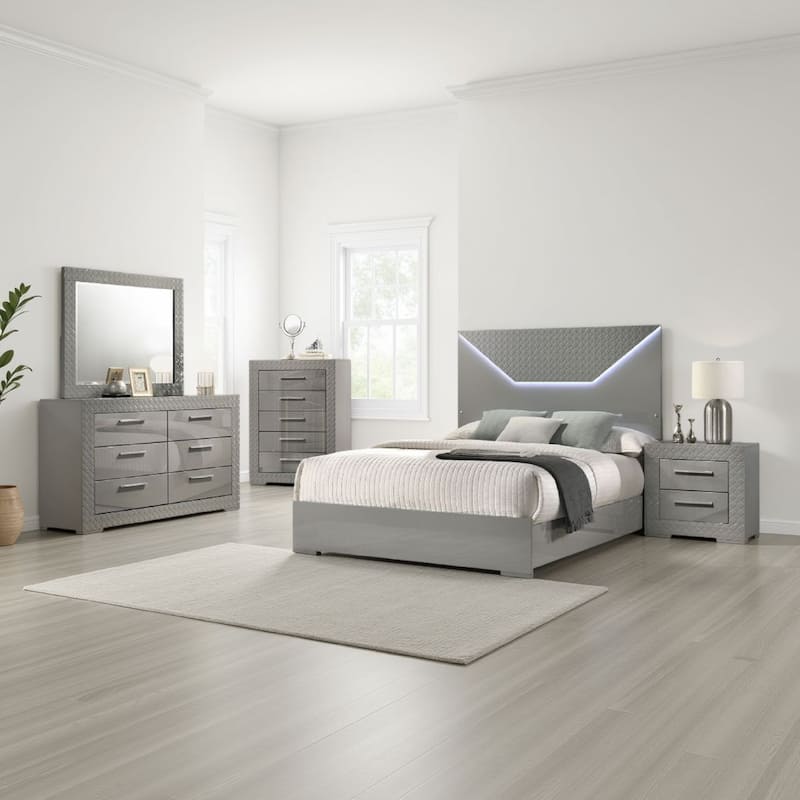 Ivon 5pc Queen Bedroom Set, Diamond Embossed, Gray High Gloss, LED
