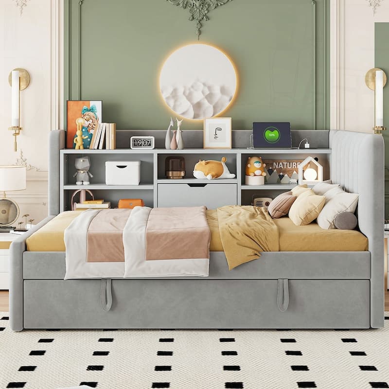 Upholstered Daybed with Trundle and Storage Shelves - Gray - Twin