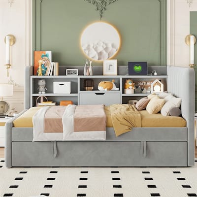 Upholstered Daybed with Trundle and Storage Shelves
