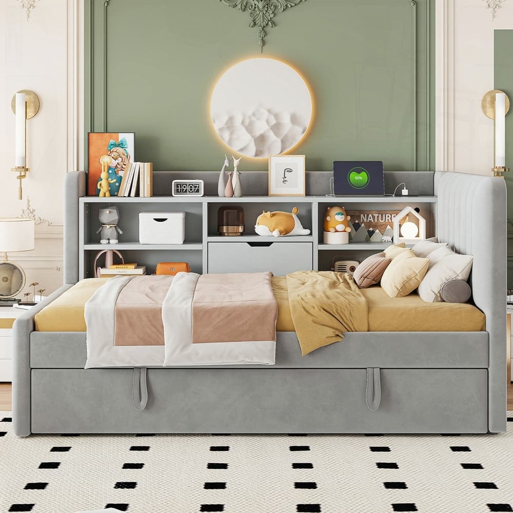 Upholstered Daybed with Trundle and Storage Shelves