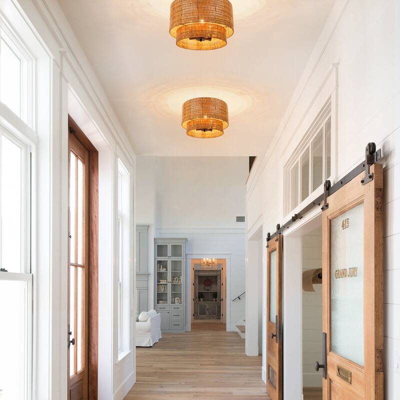 3-Light 2-Tier Natural Rattan Semi Flush Mount Ceiling Light - 15.7
