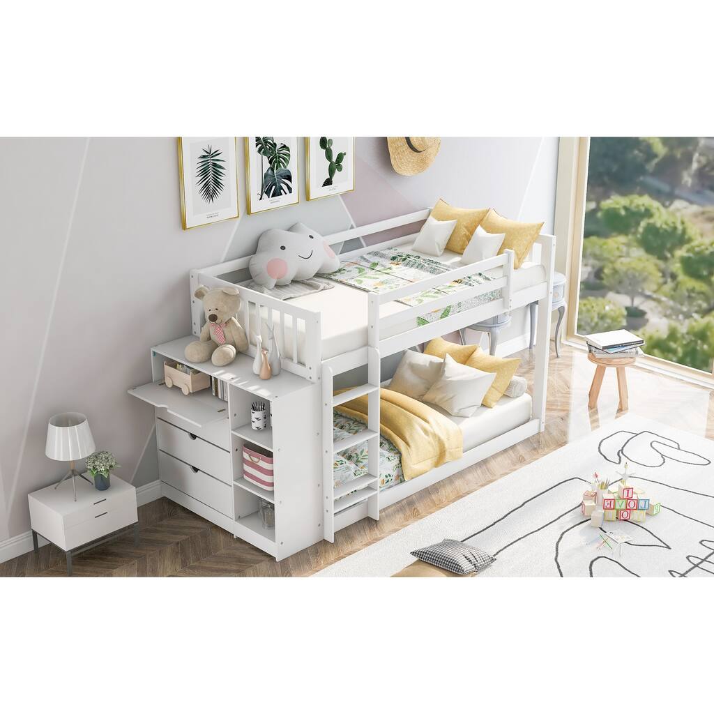 Twin over Twin Bunk Bed with Attached Cabinet and Shelves Storage