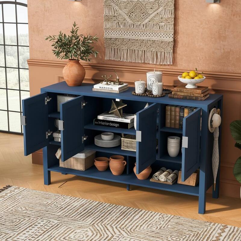 4-Door Geometric Storage Sideboard with Dual Hooks, Adjustable Shelves & Open Base Shelf by Harper&Bright Designs