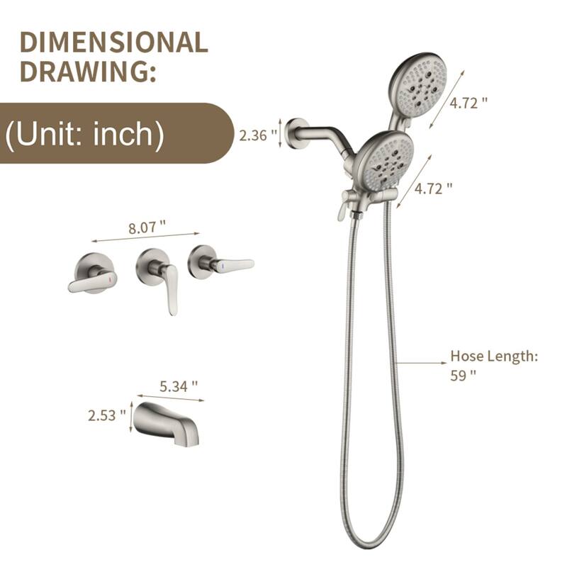 Modland 3-Handle Tub and Shower Faucet Set Dual Head 5-Setting Brass Valve with Alloy Spout