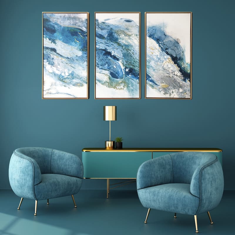 "Abstract Turquoise Regalite" 3 Piece Large Print on Gold Floating Framed Canvas Wall Art