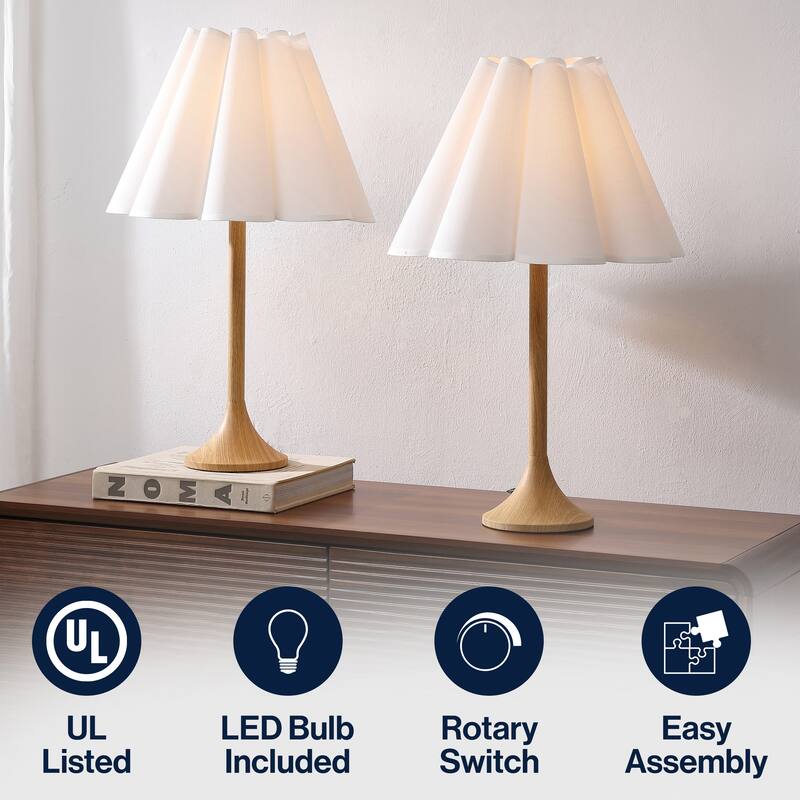 By JONATHAN Y, Abel 25.5" Pleated Shade Wood Column LED Table Lamp, (Set of 2)