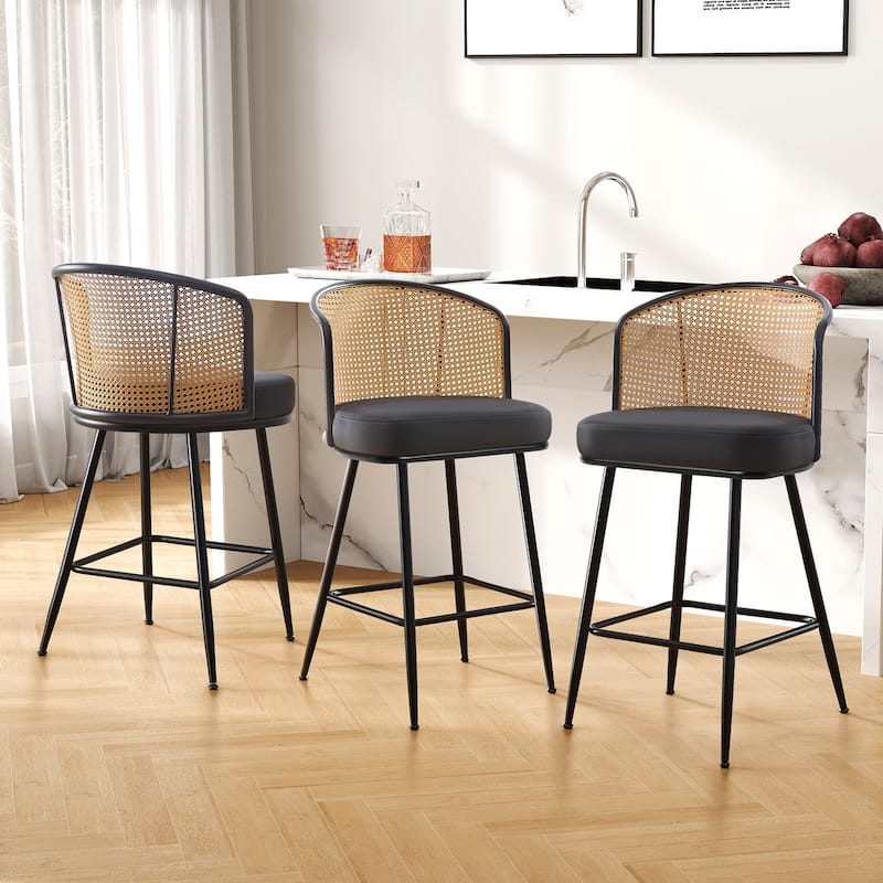 26"/29" Rattan Upholstered Bar Stool /Counter Stools Set of 2/3/4 - Set of 3 - PU-Black - Counter Height