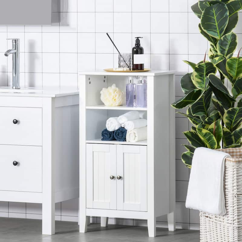 Kleankin Bathroom Cabinet Organizer with 2-Tier Open Shelves, Double Door Enclosed Storage and Elevated Base