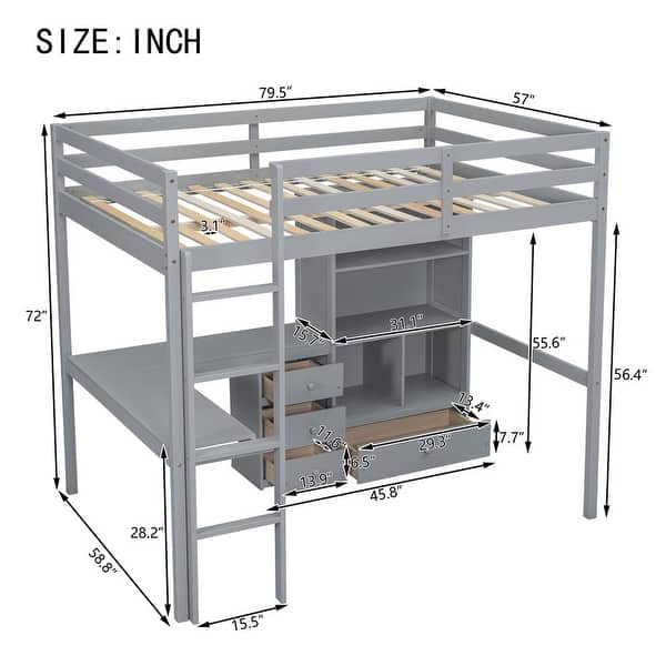dimension image slide 1 of 2, Loft Wood Bed with Desk,Storage Shelves and Drawers,Full Size
