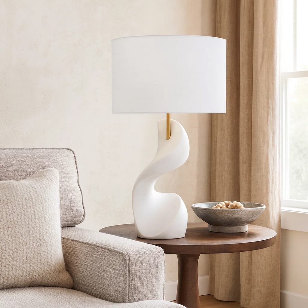Koz Accent Table Lamp, Linen Shade, White Curved Sculpture 32 Inch